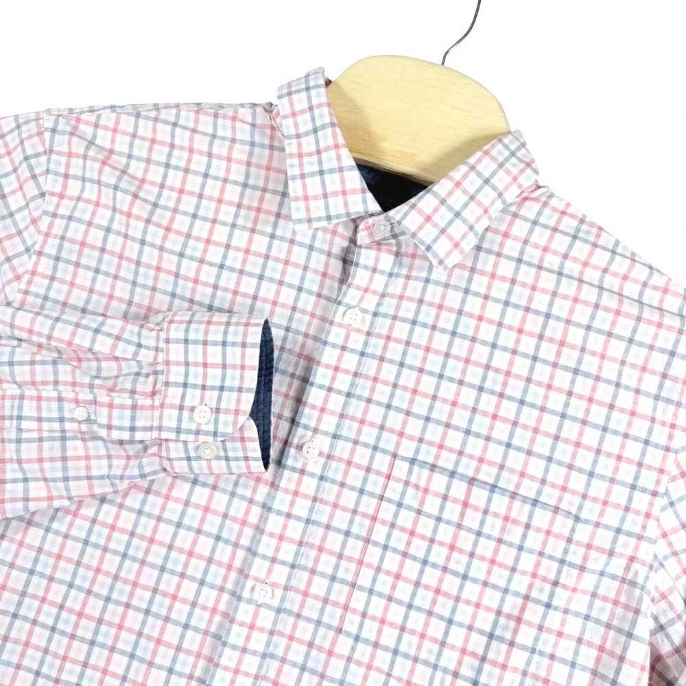 Banana Republic‎ Button Down Mens XL Red Blue Plaid Organic Cotton Untucked Fit